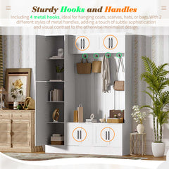 Tall Hall Tree With Shoe Storage, 4 In 1 Entryway Bench With 6 Cabinets, 4 Coat Hooks & Adjustable Shelf For Hallway - White