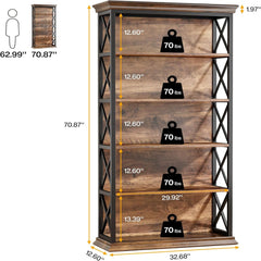 6 Tier Industrial Brown & Bookshelf With X Pattern Design - Rustic Brown