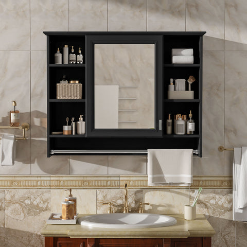Modern Wall Mounted Mirror Cabinet With Adjustable Shelf, Soft Close Door, And Towel Bar