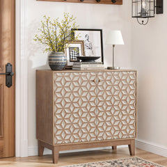 Geometric Design Sideboard With 2 Doors And Adjustable Shelves - Tangerine / Walnut