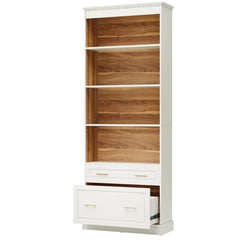 5 Tier White Bookcase With 2 Drawers Storage Organizer For Living Room - White