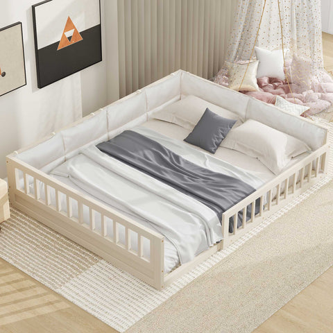 Wood Full Size Upholstered Platform Bed With Guardrail And Pillow - Beige