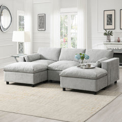 Modular Sectional With Storage Pockets, 5 Seat U Shaped Couch Set With Pillows, Free Combination Modern Cloud Sofa With 2 Movable Ottoman