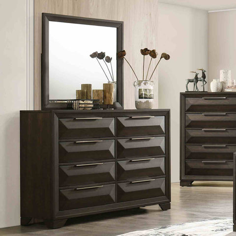 Dresser With Mirror Beveled Bracket Feet Handles 8 Drawers - Espresso
