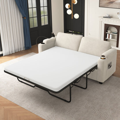 Sleeper Sofa Loveseat Sofa With Full Size Mattress, 2 USB Ports, 2 Cup Holders, 2 Side Pockets And Phone Holder