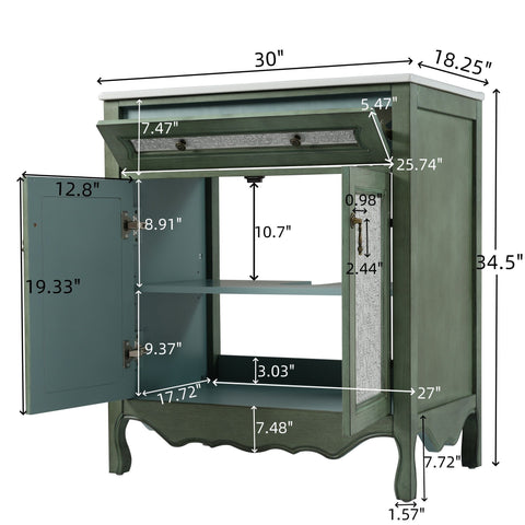 Bathroom Vanity With Rectangle Sink, Tip Out Tray - Antique Blue Green