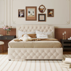 Upholstered Platform Bed With Trundle And 2 Sets Of USB Ports On Each Side, Linen Fabric
