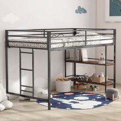 Adam - Junior Twin Loft Bunk Bed With Cinnamon Wood Shelf - Black