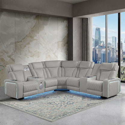 Electra - Power Recliner Sectional Sofa With Power Headrests, Console Loveseats, Wedge, LED Light Strip, Speakers