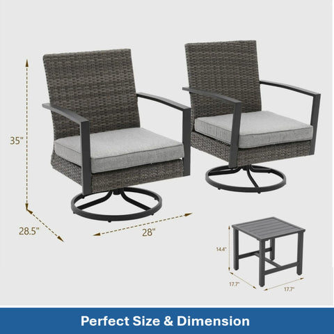 3 Piece Patio Furniture, Swivel Rocker Bistro Set With Side Table & Cushions For Porch - Gray
