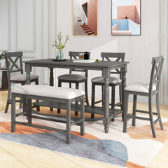 6 Piece Counter Height Dining Table Set With Shelf, 4 Chairs And Bench