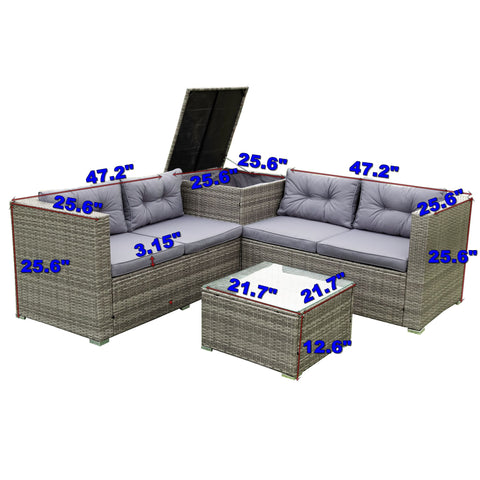 4 Piece Patio Sectional Wicker Rattan Outdoor Furniture Sofa Set With Storage Box