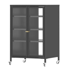 Media Storage Cabinet With Wheels, 4 Adjustable Glass Shelves & Door, Heavy-Duty - Black