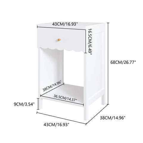 Nightstand With Drawer And Open Shelf, Scalloped Edge Bedside Table For Bedroom - White