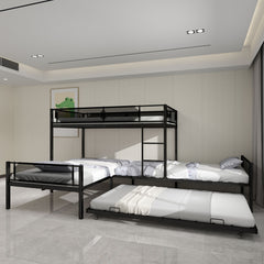 L Shape Metal Triple Bunk Bed With Trundle For 4 Kids, Heavy Duty Metal & Wood Construction - Black