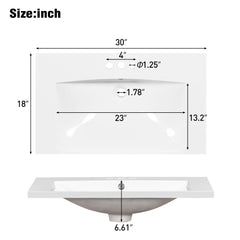 Single Bathroom Basin Sink, Vanity Top Only With 3 Faucet Holes