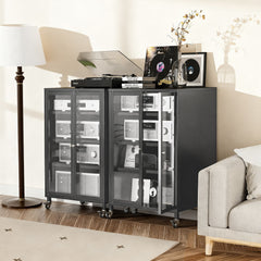 Media Storage Cabinet With Wheels, 4 Adjustable Glass Shelves & Door, Heavy-Duty - Black