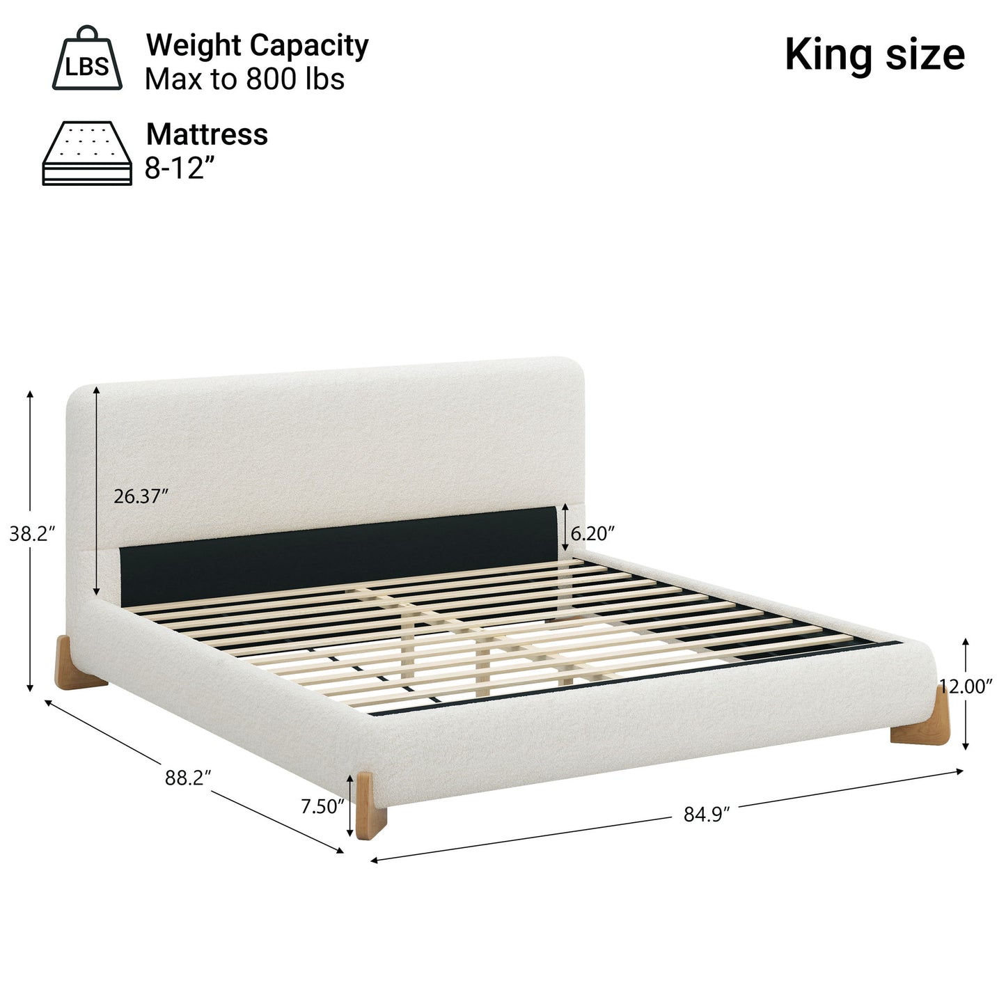 Elegant Boucle Upholstered Bed With Solid Wood Feet