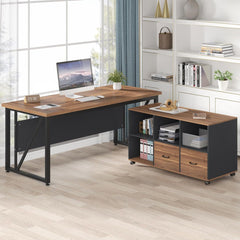 L-Shaped Executive Desk With Mobile File Cabinet, Large Home Office Workstation With Drawers And Shelves - Brown / Black