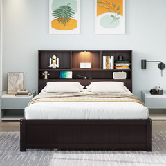 Platform Bed With Bookcase Headboard, Built-In Downlight, Charging Station, And 2 Side Drawers