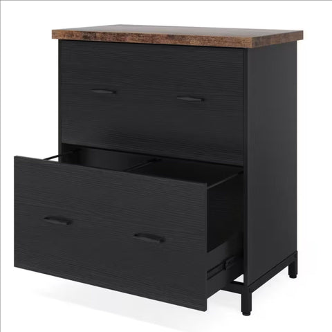 2 Drawer Lateral File Cabinet, A4 / Letter Size, Heavy Duty Storage For Home Office - Brown / Black