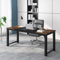 Executive Office Desk, Large Computer Workstation With Thick Frame - Brown / Black