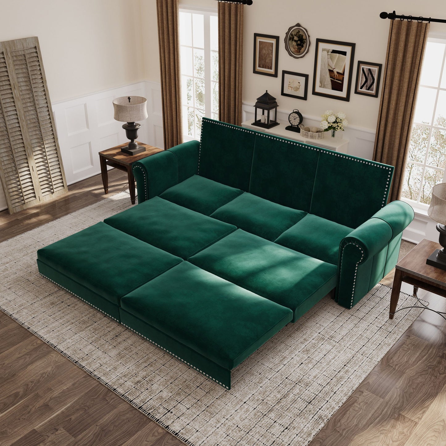 3 In 1 Convertible Sleeper Sofa With Nailhead Trim & Rolled Arm