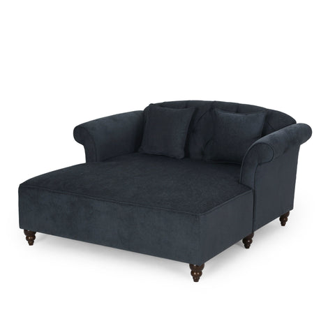 Upholstered Chaise Lounge With Scroll Arms, Turned Legs And 2 Pillows - Charcoal