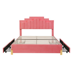 Queen Size Upholstered Platform Bed With LED Lights And 4 Drawers, Stylish Irregular Metal Bed Legs Design - Pink