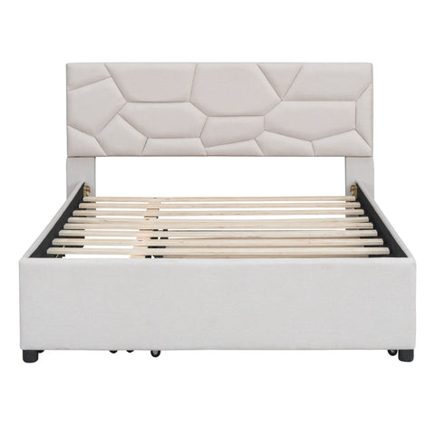 Upholstered Platform Bed With Brick Pattern Headboard And Twin Long Size Trundle