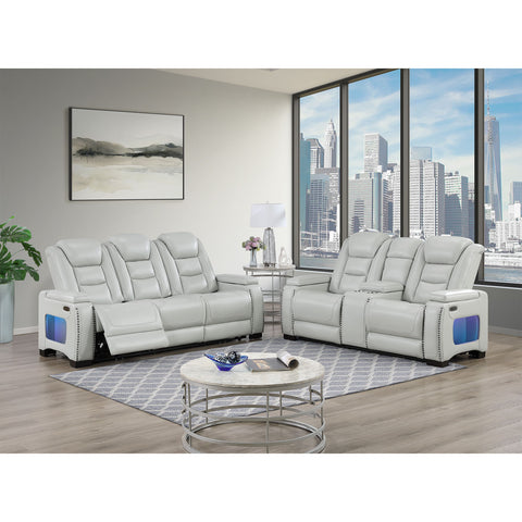 Power Console Loveseat With Power Headrest USB LED And Bookshelf Arms - Grey