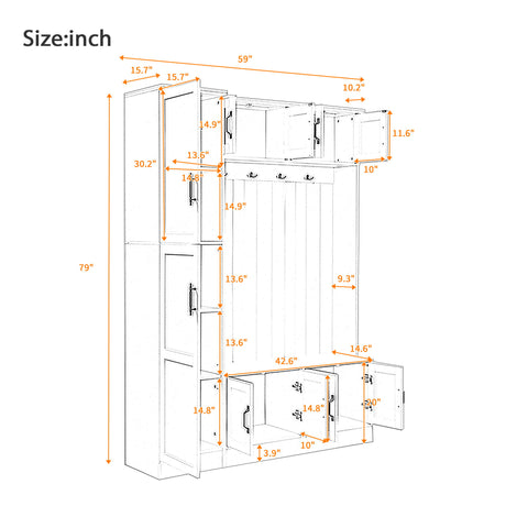 Tall Hall Tree With Shoe Storage, 4 In 1 Entryway Bench With 6 Cabinets, 4 Coat Hooks & Adjustable Shelf For Hallway - White