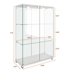 Modern Display Cabinet With LED Lights, Transparent Tempered Glass 2 Door Storage Case With 3 Shelves