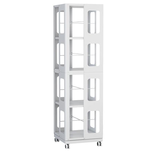4 Tier All Steel Rotating Bookshelf With 360° Wheels, Large Size Sturdy & Spacious Book Rack, New Style Bookshelf - White