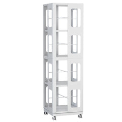 4 Tier All Steel Rotating Bookshelf With 360° Wheels, Large Size Sturdy & Spacious Book Rack, New Style Bookshelf - White