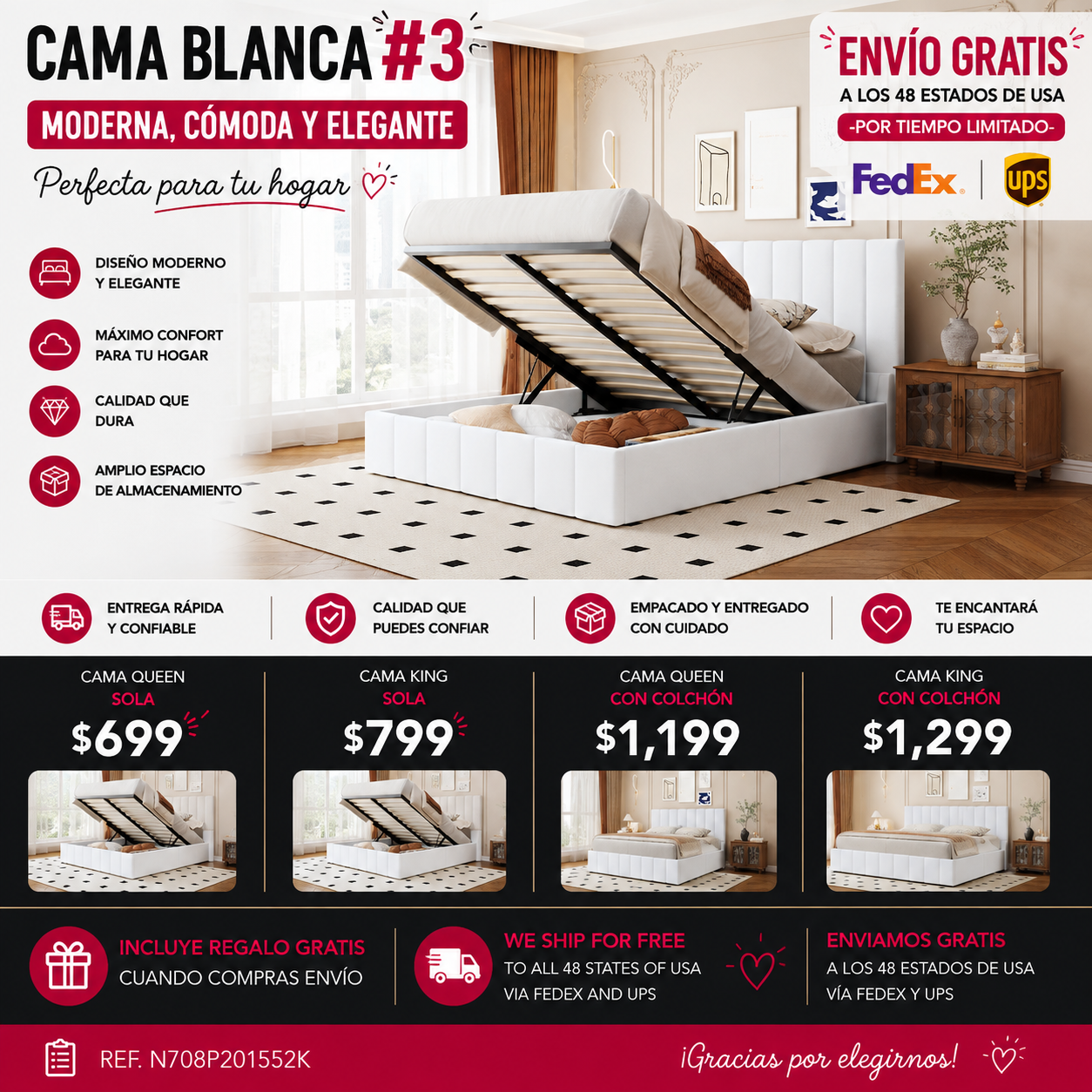 CAMA BLANCA #3-WHITE BED QUEEN Queen size Upholstered Platform bed with a Hydraulic Storage System - White(OLD SKU: LP000211AAK)