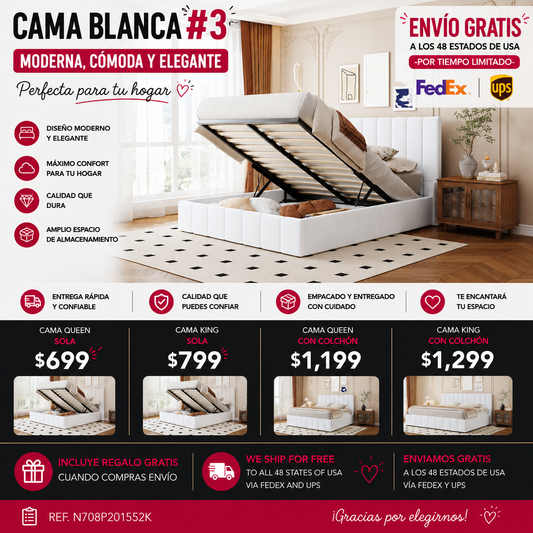 CAMA BLANCA #3-WHITE BED QUEEN Queen size Upholstered Platform bed with a Hydraulic Storage System - White(OLD SKU: LP000211AAK)