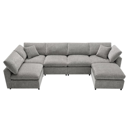 Modern Modular Cloud Sofa Bed, 6 Seat Sectional Couch Set With Ottoman, Free Combination, Convertible U Shaped Sleeper Sofa For Living Room