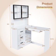 L-Shaped Computer Desk With Glass Cabinets, Built In LED Lights, USB Charging Ports