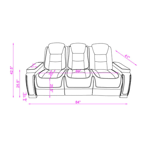 Power Sofa With USB LED Headrest, Bookshelf Arms, And Storage - Grey