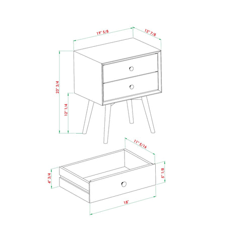 Mid Century Modern Double Drawer Nightstand - Caramel