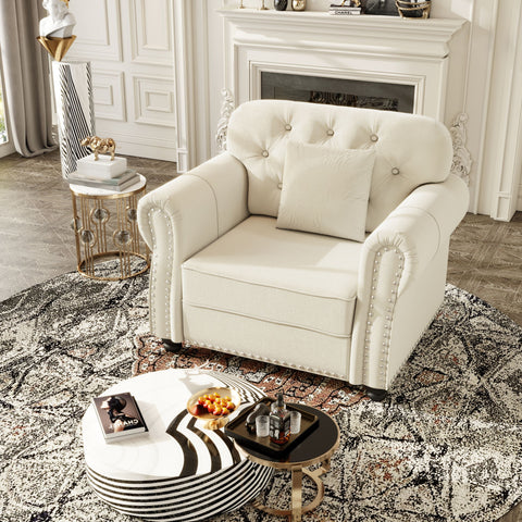 Upholstered Sofa With Nailhead Trim And Rolled Armrests, 1 Pillows - Beige / White