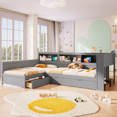 L Shaped Platform Bed With Trundle And Drawer