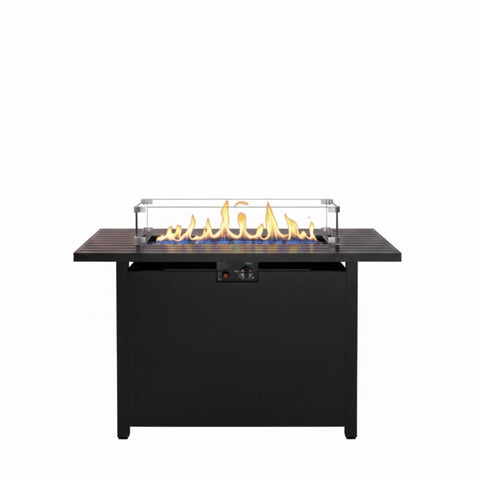 Outdoor 2 In 1 Gas Fire Pit Table With Lid & Glass Shield, Stainless Burner, Lava Rock, Rectangular Design - Black