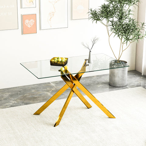 Rectangular Clear Tempered Glass Dining Table, Stylish Design With Metal Legs