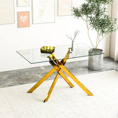 Rectangular Clear Tempered Glass Dining Table, Stylish Design With Metal Legs