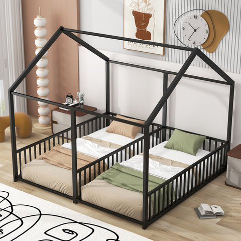 House Platform Beds, 2 Shared Beds, Metal Frame With Guardrails