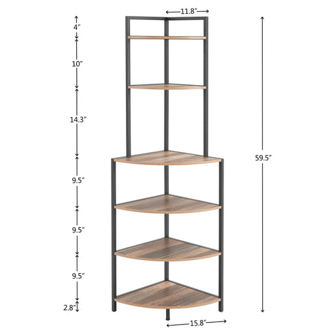 6 Tier Corner Open Shelf Modern Bookcase Wood Rack Freestanding Shelving Unit, Plant Album Trinket Sturdy Stand Small Bookshelf Space-Saving For Living Room Home Office Kitchen Small Space - Rustic Brown