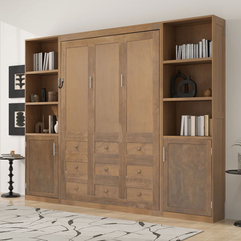 Queen Size Murphy Bed With Storage Shelves And Cabinets - Wood