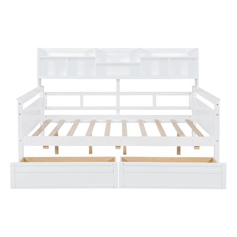 Daybed, Wood Slat Support, With Bedside Shelves And Two Drawers